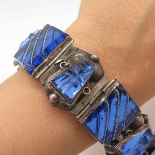 Vtg Mexico 925 Sterling Aztec Tribal Carved Blue Glass Wide Link Bracelet 6 1/4”