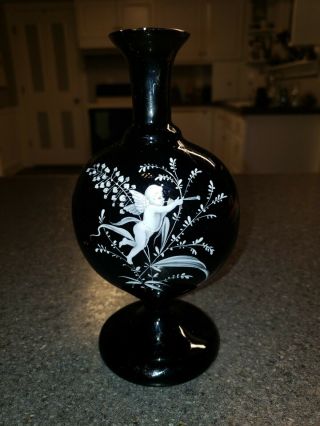 Vintage Black Amethyst Glass Mary Gregory Vase Cherub Nude Cupid 7 " Tall