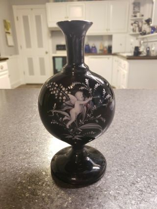 Vintage Black Amethyst Glass Mary Gregory Vase Cherub Nude Cupid 7 