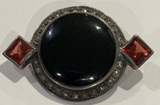 Vintage Rare 925 Sterling Silver Marcasite Ruby Onyx Pin Brooch