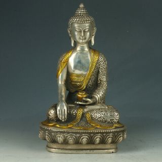 Tibet Hand Craft Silver Figure Of The Buddha With Lotusthrone Statue