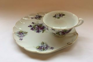 Vintage Lefton China Hand Painted Violets Porcelain Tea Cup Saucer Gold Trim