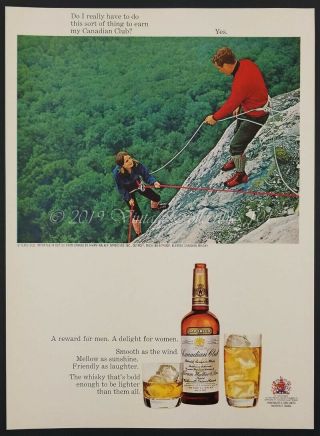 1968 Canadian Club Whisky Woman Man Rock Climbing Travel Photo Vintage Print Ad