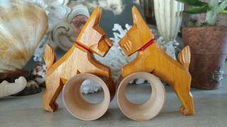 Antique German Collectible Hand Carved Wood Scottie Dog Napkin Ring Set 1930s