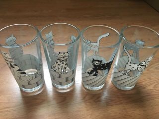 Set Of 4 Libbey Vintage White And Black Cat Kitten Glass Cups Glasses