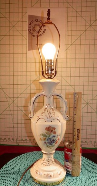 Vintage Porcelain Hand Painted Floral Table Lamp,  With Gold Trim 24 1/2” T