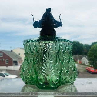 Rare Antique Green Glass Leaf Pattern Miniature Oil Lamp 1880 - 90s