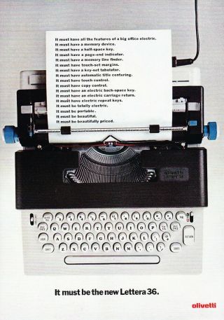 1971 Olivetti Lettera 36 Portable Electric Typewriter Photo Vintage Print Ad