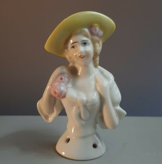 Antique 3 " Hand Painted Porcelain Half Doll Bust Pin Cushion Germany Lady Hat