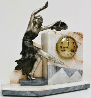 Antique French 8 Day Striking Art Deco Marble Mantel Clock With Lady Figurine
