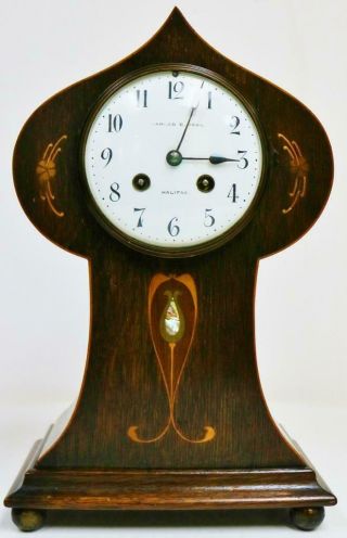Antique French Art Nouveau 8 Day Inlaid Oak Gong Striking Balloon Mantel Clock