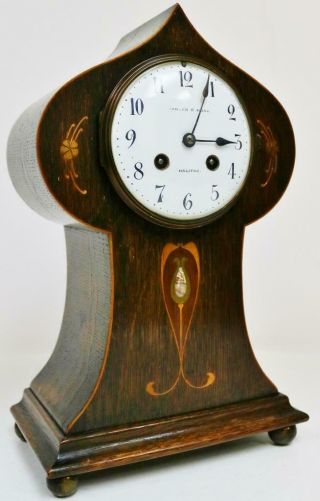 Antique French Art Nouveau 8 Day Inlaid Oak Gong Striking Balloon mantel Clock 2