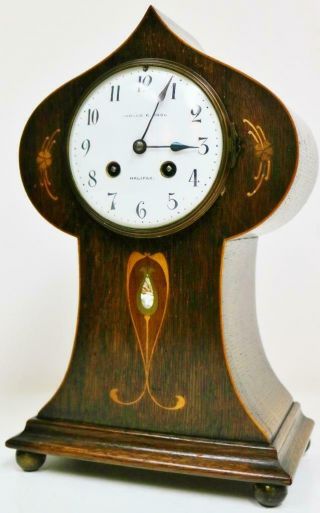 Antique French Art Nouveau 8 Day Inlaid Oak Gong Striking Balloon mantel Clock 3
