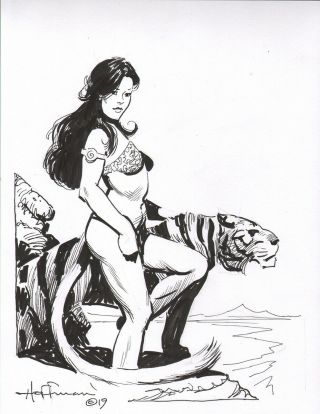 Tiger Girl Companion Ink Drawing By Mike Hoffman