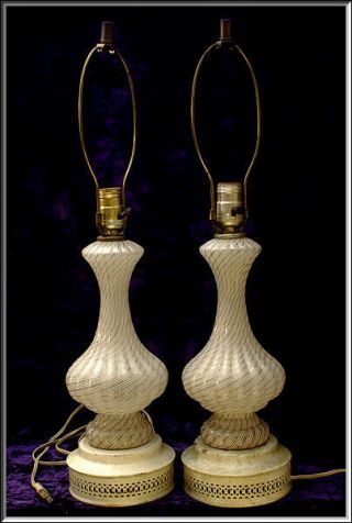 Vtg Mcm Pair Murano Fratelli Toso Gold & White Swirl Aventurine Art Glass Lamps
