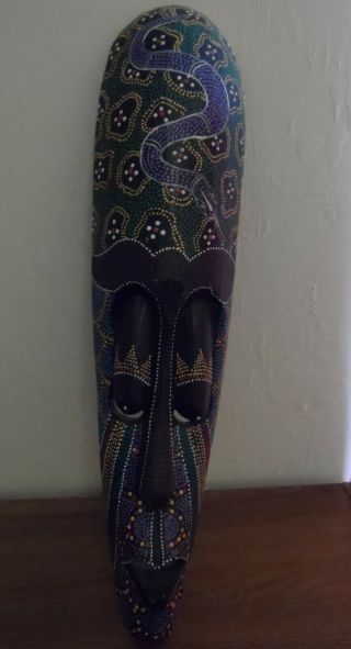 Vintage Primitive Hand Carved & Painted Wooden Tribal Face Mask 19&1/2 " X4 " &3/4 "
