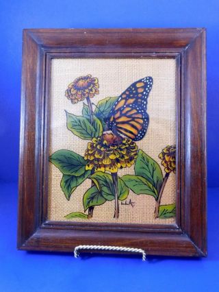 Vintage Reverse Painted Glass Butterfly Flower Art Framed Hand Painted Lisa 