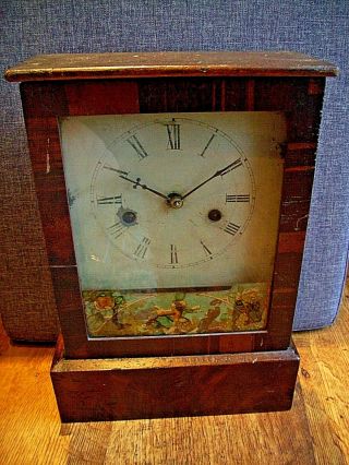 Antique 19th Century Oak Mantel Clock With Design To Glass Front (pendulum Key)