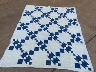 Antique Early Handmade Quilt,  Vintage 1920’s Hand Stitched Patch Sawtooth Blue