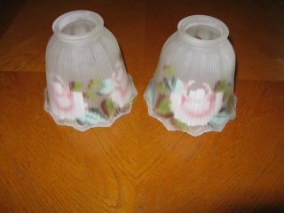 Vintage Reverse Painted Roses Lamp Shades Signed S.  Swain
