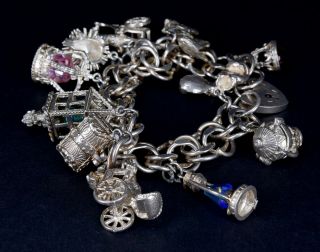 Vintage 925 Sterling Silver Charm Bracelet With 12 Charms - 87 Grams
