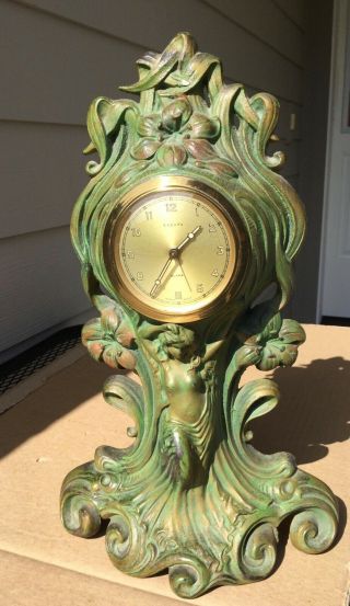 Antique Vtg Cast Art Nouveau Figural Endura France Clock Alarm Lillies Nude Wave
