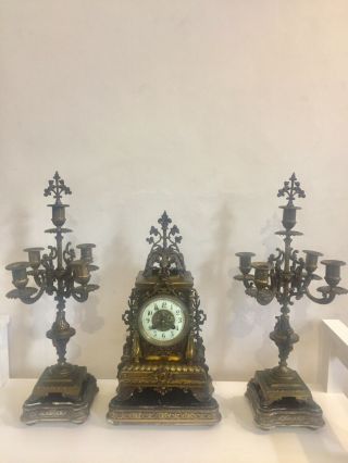 Antique French Tarnished Bronze Clock Set On Wood Stand By Samuel Marti C1880