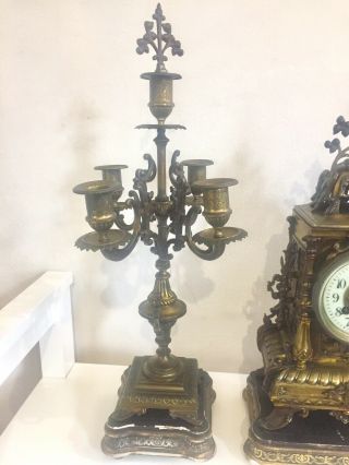 Antique French Tarnished Bronze Clock Set On Wood Stand By Samuel Marti C1880 2