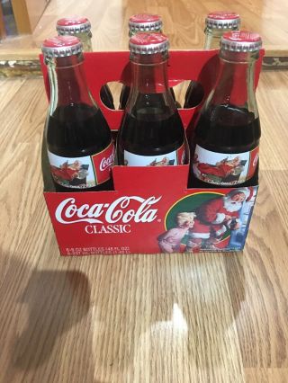 Christmas 1995 Santa Clause Coca Cola Soda Bottles 6 Pack Full Coke With Holder
