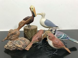 Vintage 6pc Carved Wood Bird Painted Folk Art Miniature Sculptures Figurines