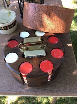 Vintage 1950s Poker Chip Set Wood Caddy Cover Mid Century Casino Royal