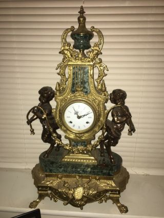 Authentic Vintage Imperial Italian Mantel Clock Verde Marble & Bronze Brass Made