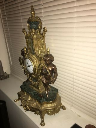Authentic Vintage Imperial Italian Mantel Clock Verde Marble & Bronze Brass Made 2