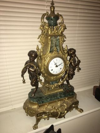 Authentic Vintage Imperial Italian Mantel Clock Verde Marble & Bronze Brass Made 3