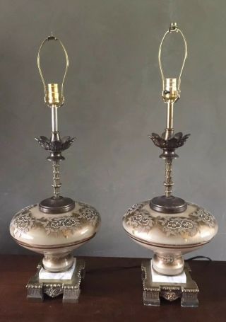Vtg Mid Century Hand Painted Glass Globe Table Lamps Hollywood Regency Lamps