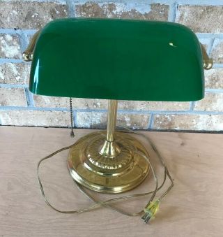 Vintage Bankers Desk Lamp Emerald Green Glass Shade Brass Base Library Office