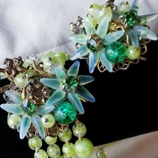 Vintage Miriam Haskell Bracelet Earrings Set Art Glass Beaded Green Rhinestones