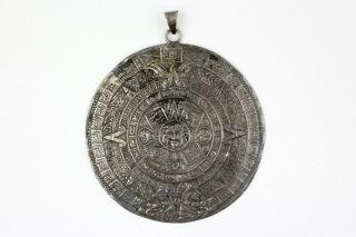 Vintage Mexico Sterling Silver Mayan Sundial Calendar Large Pendant