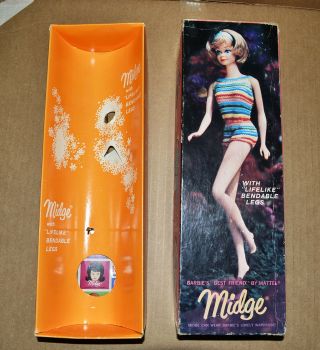 Vintage Barbie 1964 Brunette Bendable Leg Midge Box American Girl Stand