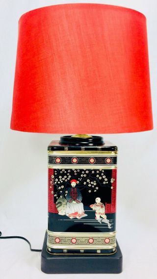 Vintage Asian Chinoiserie Tea Tin Black Gold Metal Table Lamp