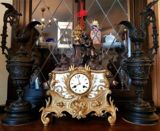 Antique French Ormolu & Bronze Figural Mantel Clock.