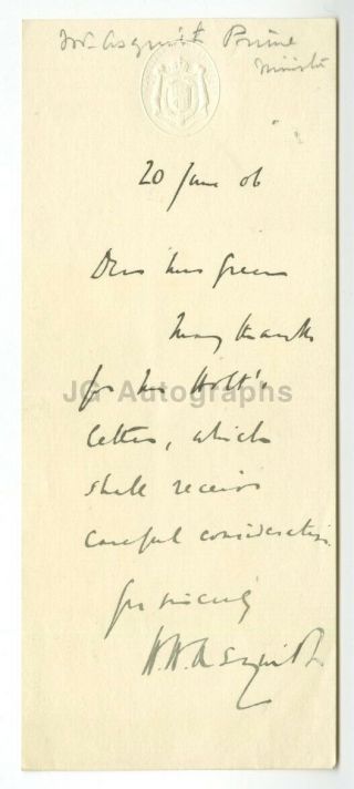 H.  H.  Asquith - Uk Prime Minister - Signed Note (ans),  1906