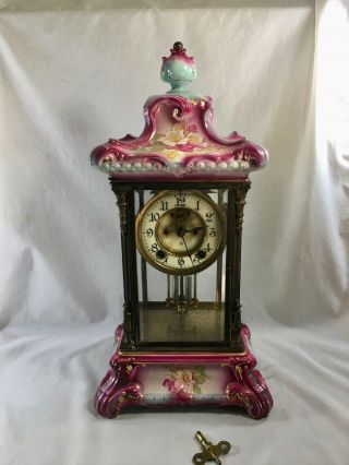 Lovely Antique Ansonia Porcelain Crystal Regulator Open Escapement Clock