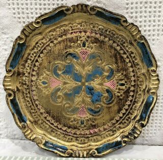Vintage Italian Florentine Hand Painted Wood Gilt Gold Blue Rose Round Tray 9.  5 "