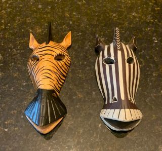 Pair Vintage Tribal African Ghana Hand Carved Wood Ceremonial Animal Masks - Zebra