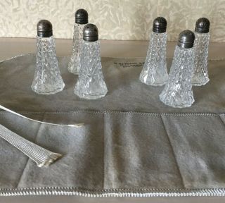 6 Antique Crystal Cut Glass Salt & Pepper Shakers Sterling Silver Lids B Altman