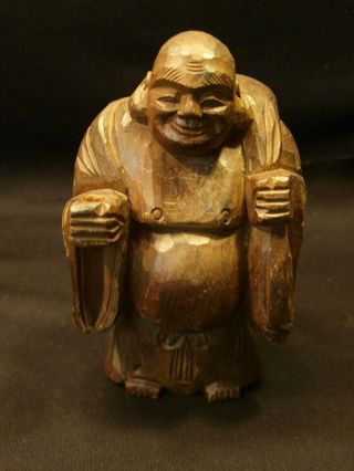 Antique / Vintage Carved Wood 7.  5 " Travel Happy Buddha Religious Statue Figurine