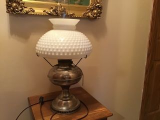 21” Antique Oil Converted To Electric Nickel Lamp W/ Hobnail Shade Late 1800’s