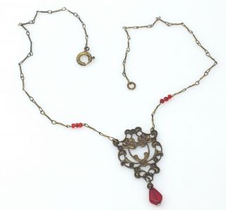 Dainty Antique Art Nouveau Red Glass And Brass Germany Necklace Fine Chain