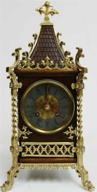 Sublime Antique French 8 Day Mahogany & Bronze Mounted Cathedral Mantel Clock